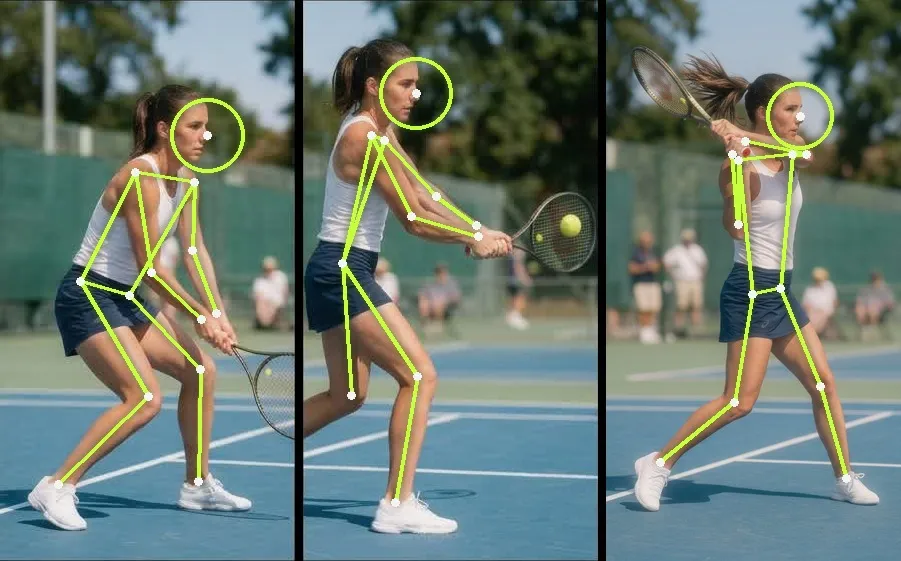 Three frames of one two-handed backhand: preparation, contact and finish