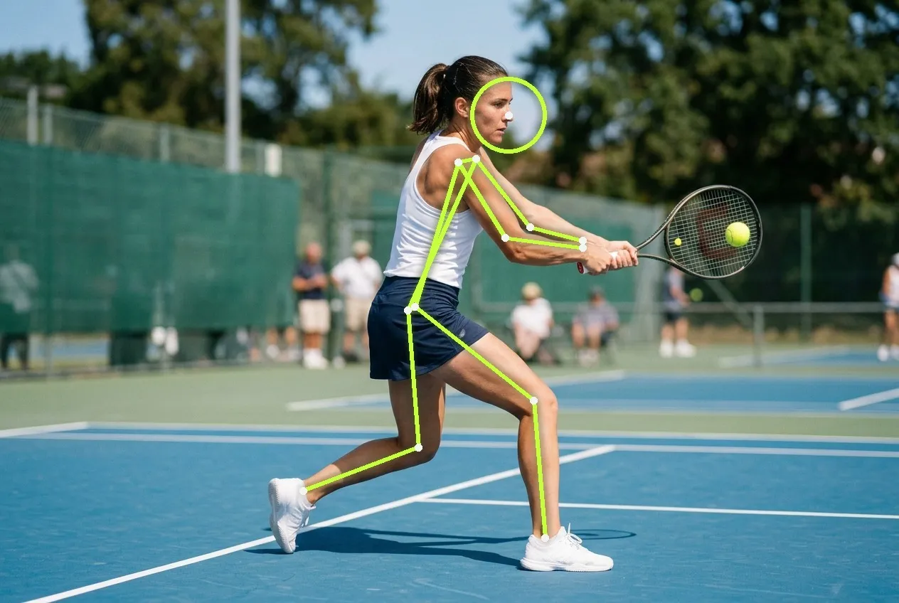 A club player striking a two-handed backhand at contact on a sunlit hard court