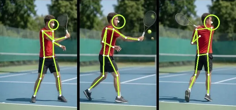 Three frames of one forehand: preparation, contact and finish