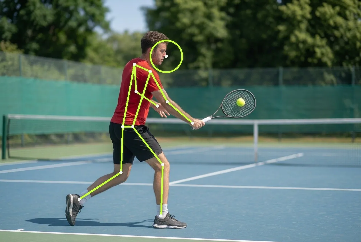A club player striking a forehand at contact on a sunlit hard court