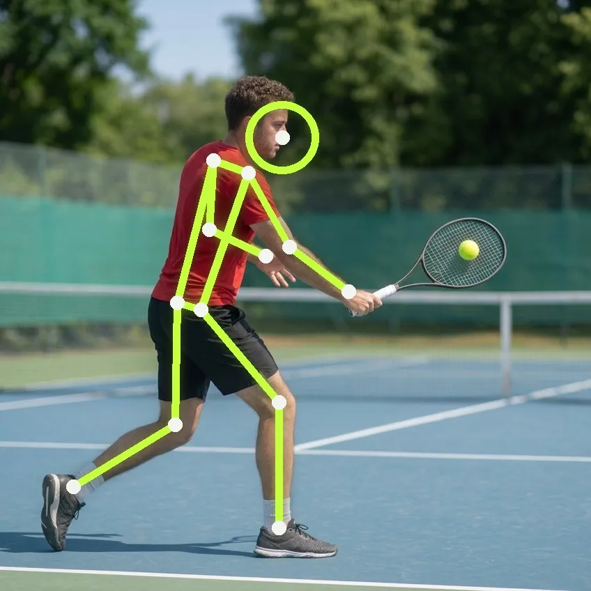A club player striking a forehand at contact on a sunlit hard court