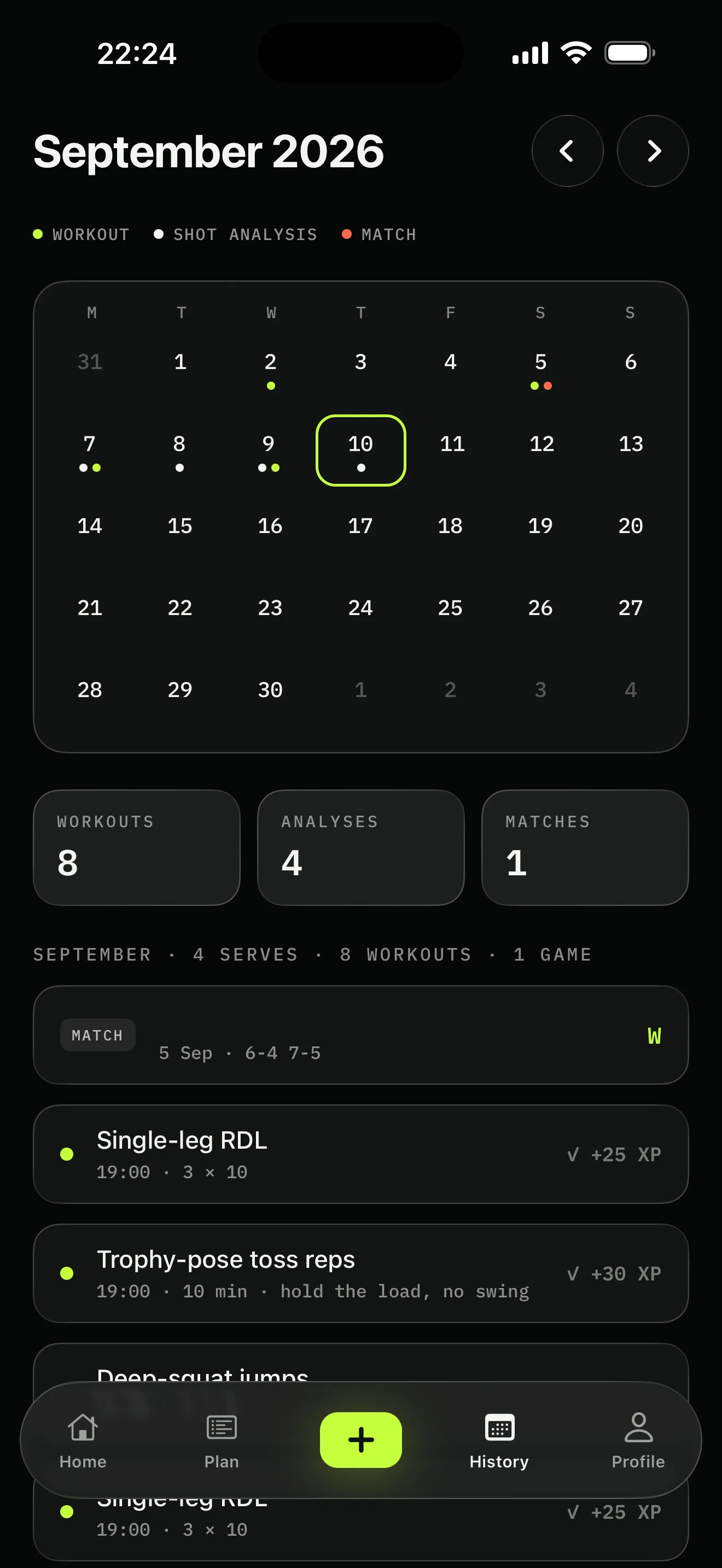 FormCourt history screen with sample data: a month calendar dotted with workouts, analyses and matches, and the drills logged underneath