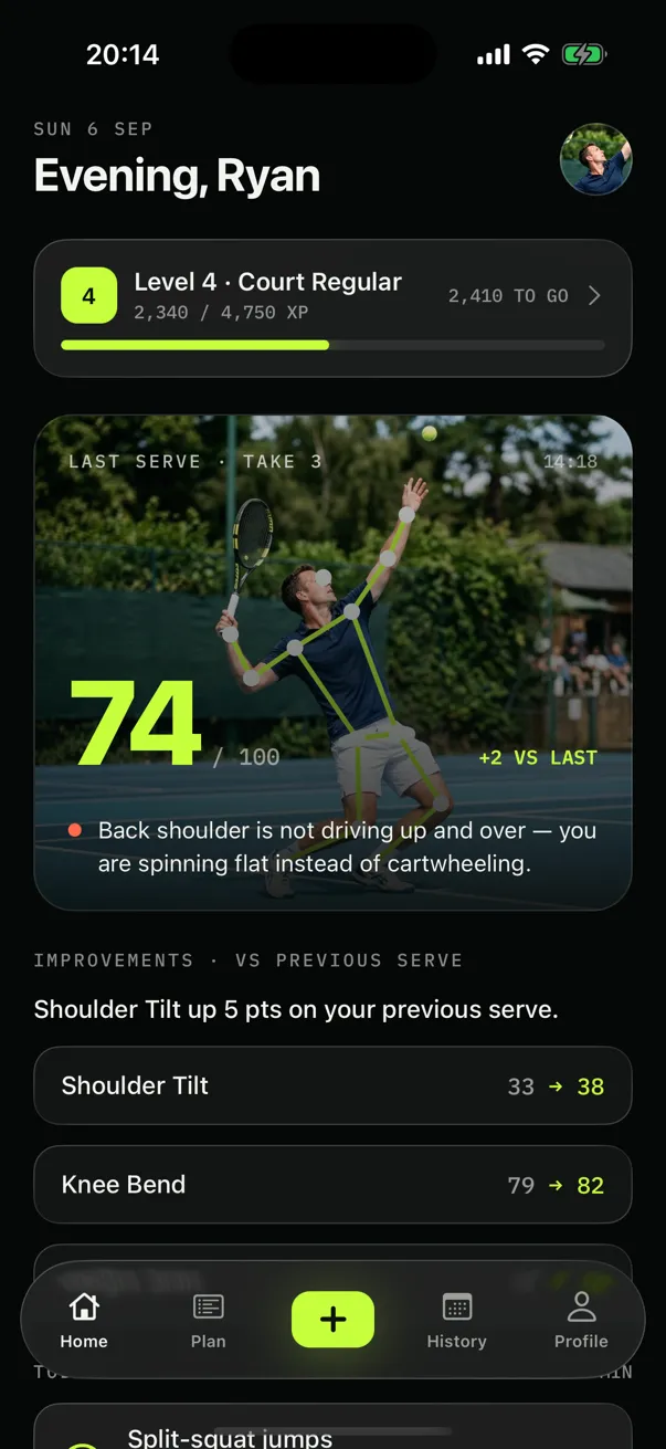 FormCourt home screen: last stroke scored 74 out of 100, up 2, with the three checkpoints that moved since the previous one