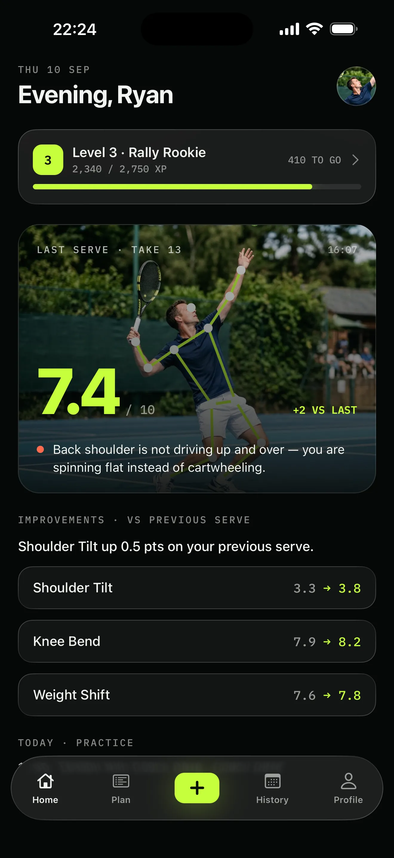 FormCourt home screen with sample data: a last serve scored 7.4 out of 10, up 2 tenths, over the three checkpoints that moved since the previous serve