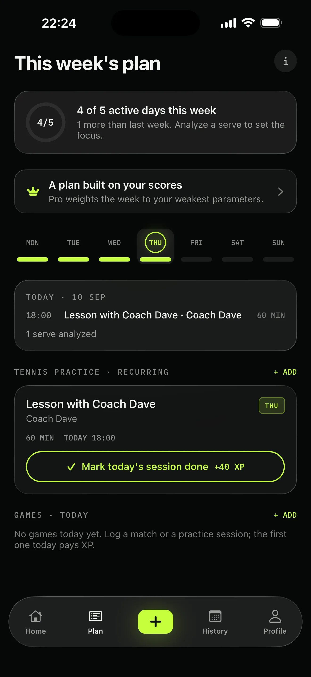 FormCourt weekly plan with sample data: four of five active days, a note that the plan is built on your scores, and today’s session with a mark-done button