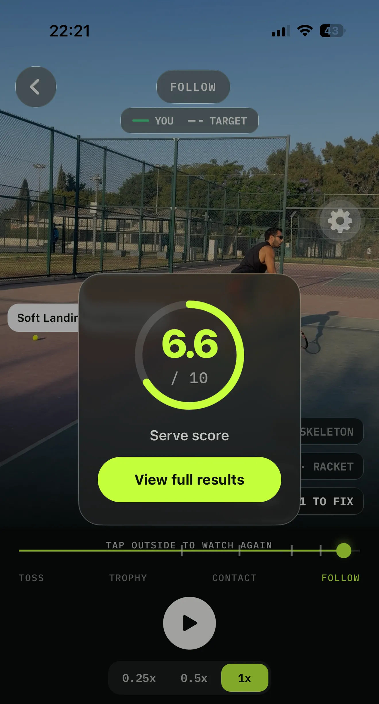 The score card at the end of a serve playback, reading 6.6 out of 10 with a button to view the full results
