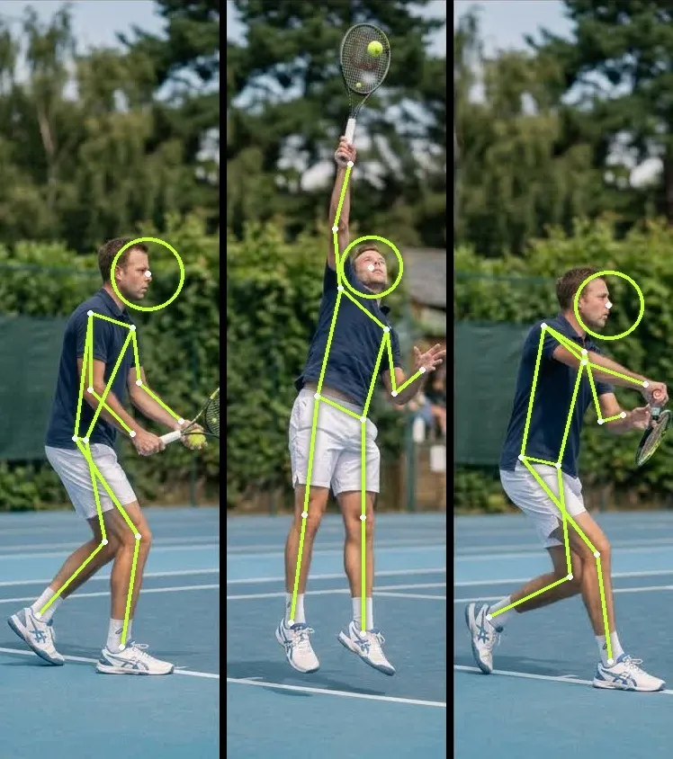 Three frames of one serve: preparation, contact and finish