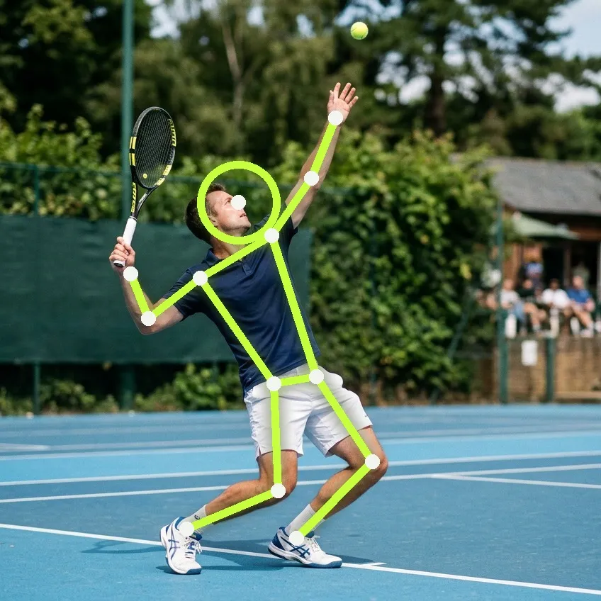 A club player at the trophy position of a serve on a sunlit hard court